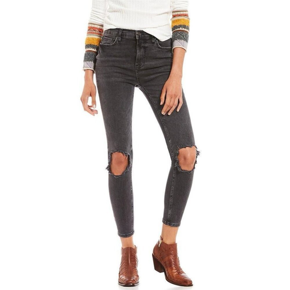 Free People Black Denim Distressed High-Rise Skinny Jeans Women's Plus Size 26